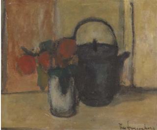 Theo Swagemakers - Still life with teapot and roses in a white vase