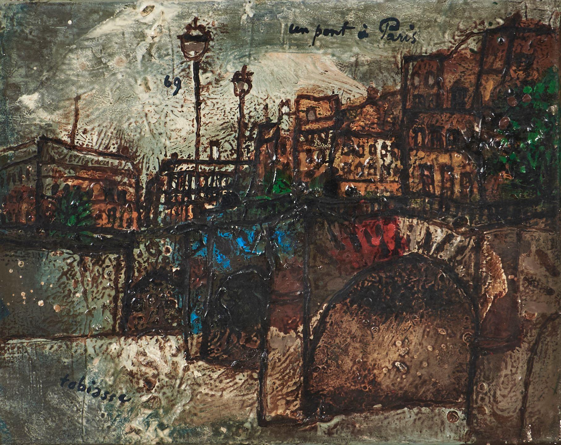 Théo Tobiasse - Un pont à Paris 7 3/8 x 9 1/4 in. (24 x 19 cm) framed 13 x 14 1/2 in.