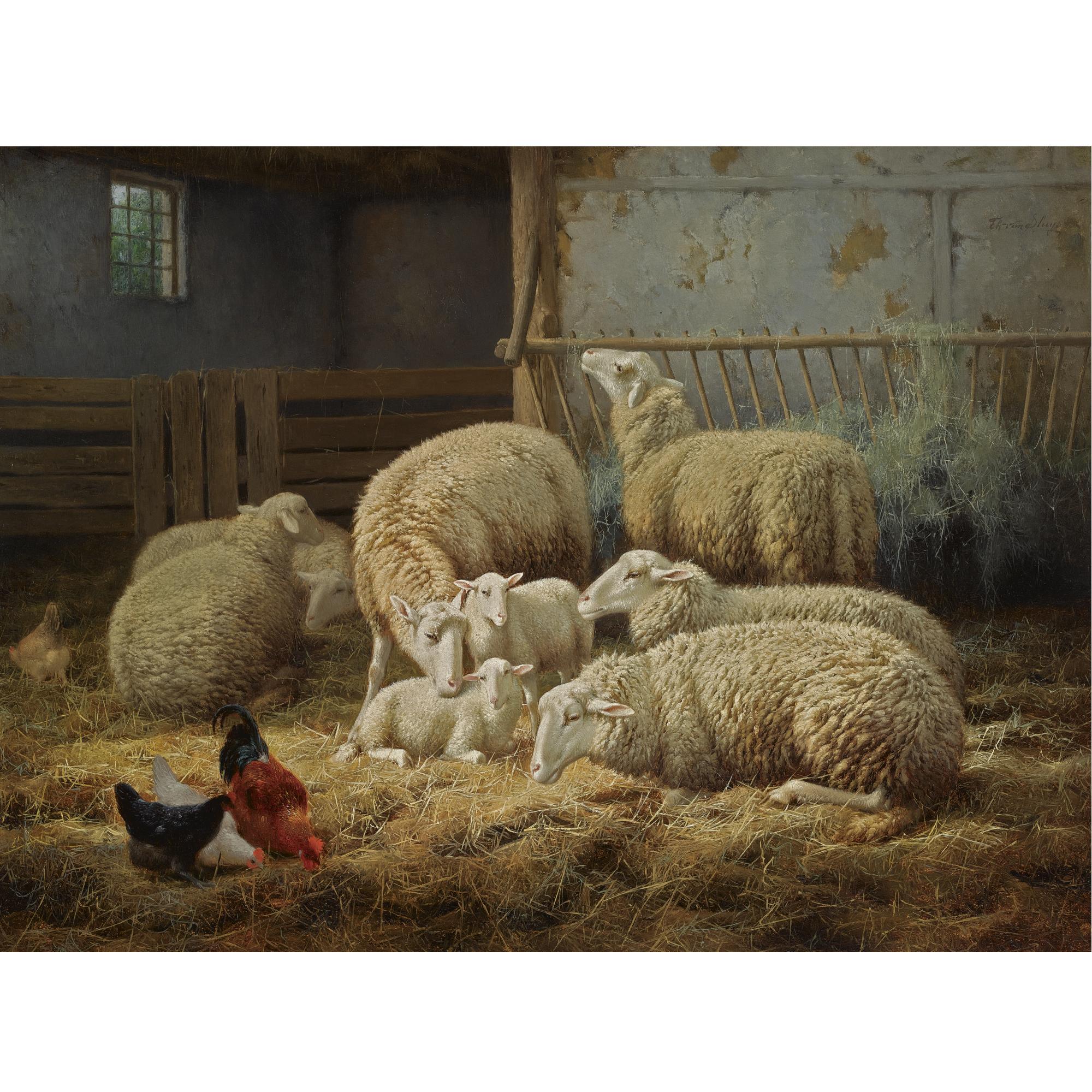 Théo van Sluys - Belgian Sheep And Chickens In A Barn