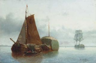Theo Van Sluys - Haybarges and a two-master on a calm