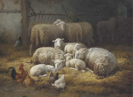 Theo van Sluys - Sheep and Chickens in a Farm Interior