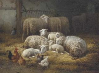 Theo van Sluys - Sheep and Chickens in a Farm Interior
