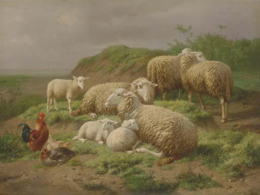 Theo van Sluys - Sheep And Roosters In A Pasture