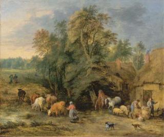Theobald Michau - A landscape with peasants and drovers outside cottages