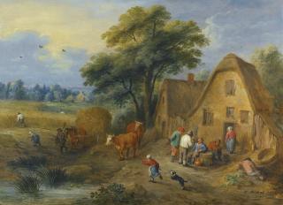 Théobald Michau - A Northern Landscape With Villagers Conversing And Harvesters Returning From The Fields, With A Farmer And A Dog Herding Two Cows