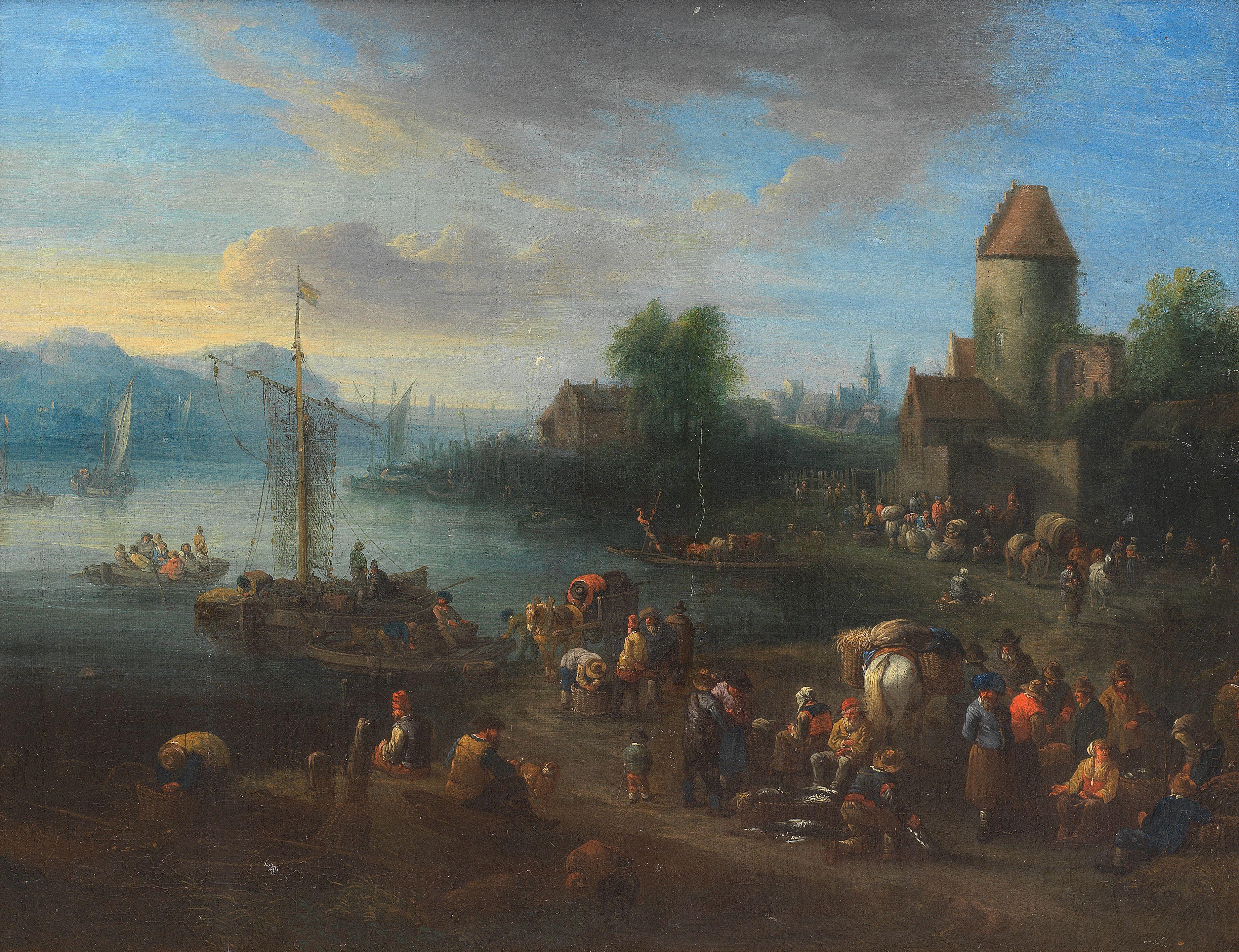 Theobald Michau - A port on an estuary with fishermen unloading their catch