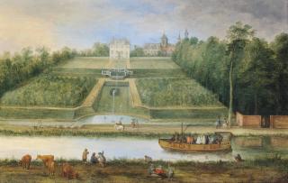 Theobald Michau - A river landscape with a ferry, fountains and a villa with garden