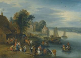 Théobald Michau - A River Landscape With Villagers Unloading Their Boats; A River Landscape With Villagers And Carts On A Path