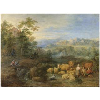 Théobald Michau - A Summer Landscape With Shepherds And Herdsmen Resting Their Sheep And Cattle By A Stream