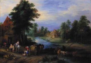 Theobald Michau - A village by a river with peasants unloading a cart