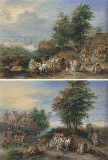 Theobald Michau - A village landscape with peasants merrymaking outside an inn and fording the river on a cart; and A river landscape with peasants unloading a cart and herdsmen with cattle by a bridge outside a village