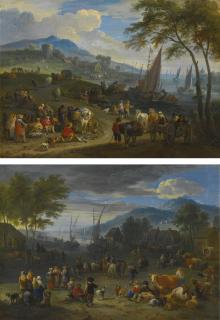 Théobald Michau - Figures In A Mountainous River Landscape With Cattle, Goats And Sheep; Figures In A Mountainous River Landscape With Horses And Carts