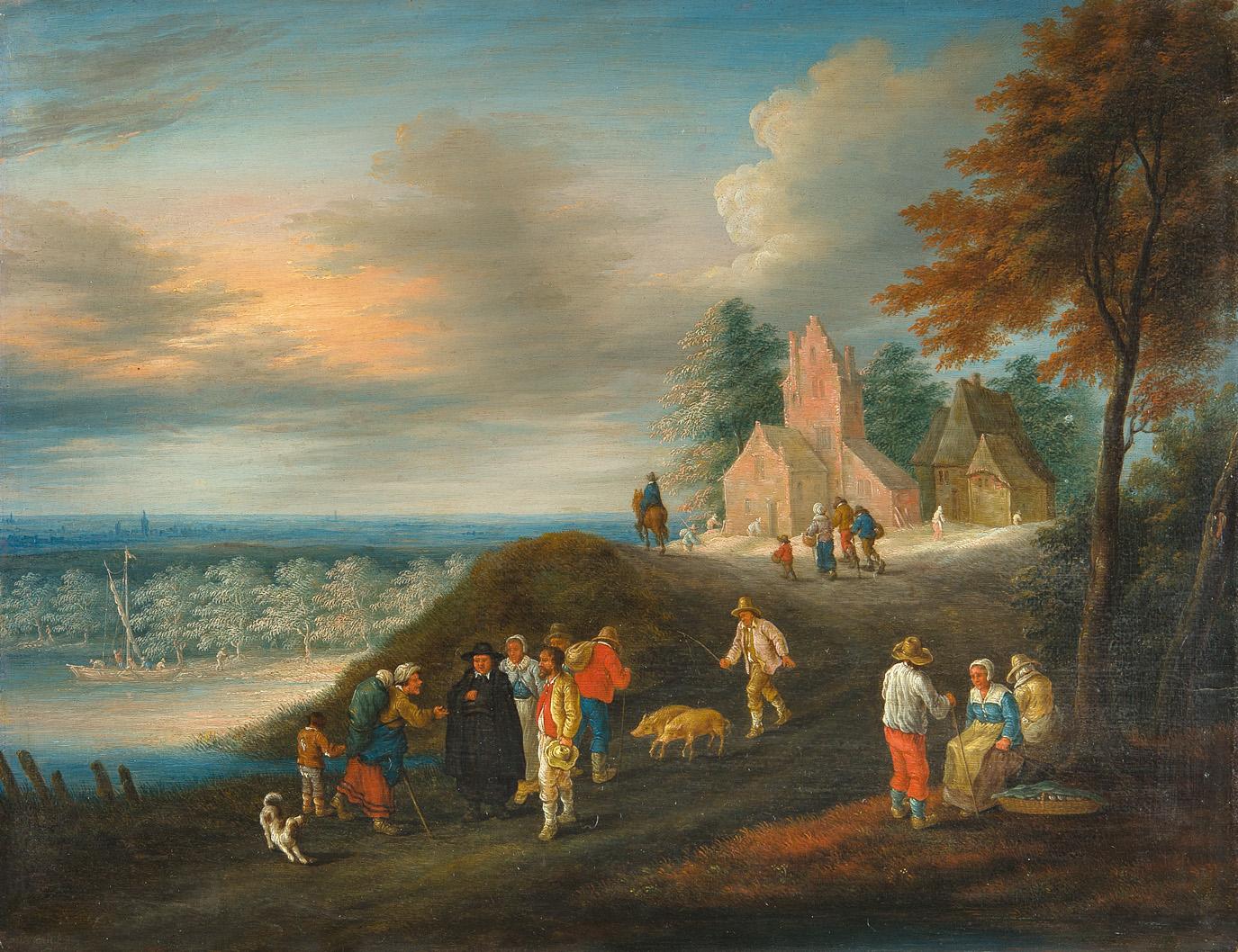 Theobald Michau - Hügelige Landschaft mit Kirchgängern im Abendrot