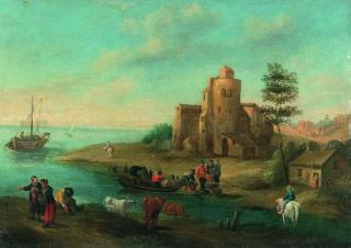 Theobald Michau - Küstenlandschaft mit Fährboot und Staffagefiguren
