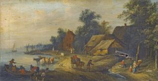 Théobald Michau - River Landscape With Villagers On The Bank