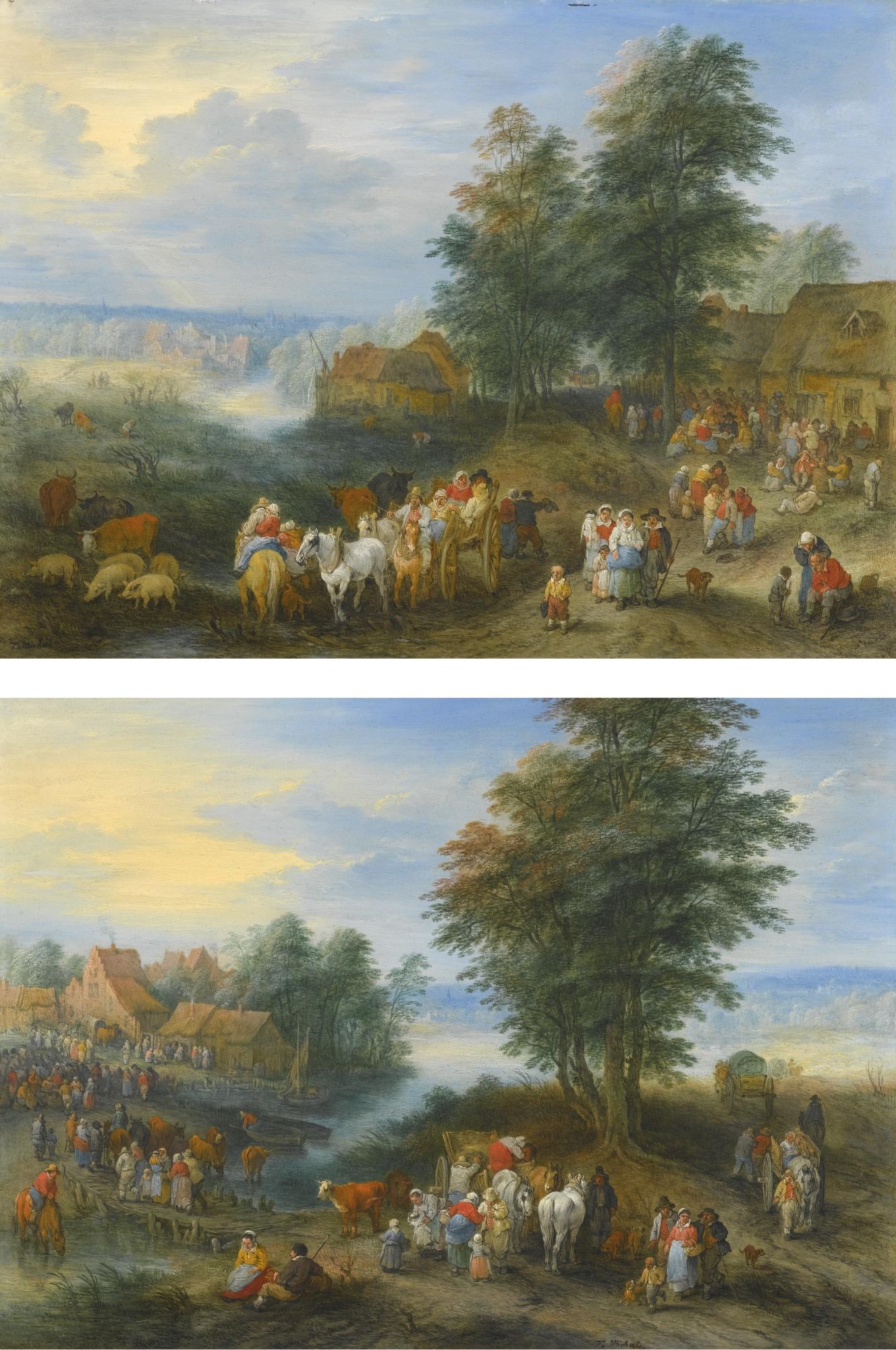 Théobald Michau - Travellers And Their Herds Departing From A Village; Travellers Unpacking Their Carts And Entering A Village