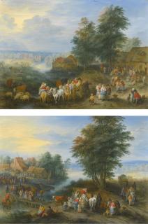 Théobald Michau - Travellers And Their Herds Departing From A Village; Travellers Unpacking Their Carts And Entering A Village