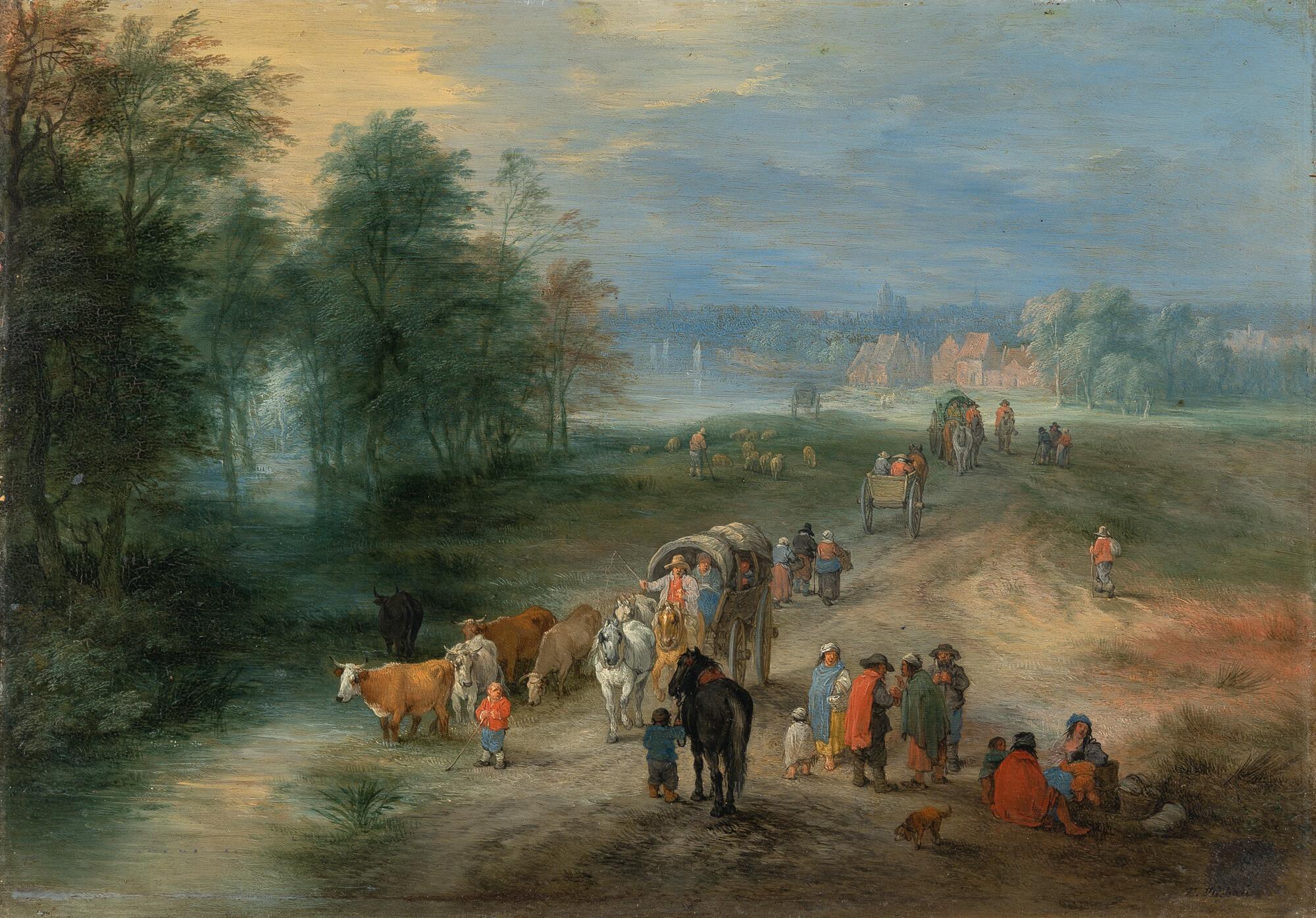 Theobald Michau - ###Weite Flusslandschaft mit Reisenden auf einer Dorfstraße, im