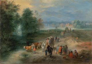 Theobald Michau - ###Weite Flusslandschaft mit Reisenden auf einer Dorfstraße, im