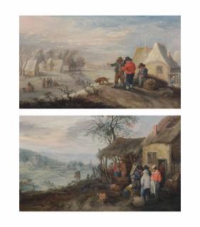 Theobald Michau - Winter: A Landscape With Several Figures On A Frozen River By A Village; And Autumn: A Hilly Landscape With Figures Making Wine