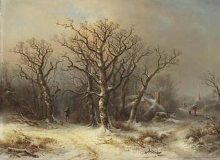 Theobald Reinhold von Oër - A winter woodland with a man and his dog and a woman gathering wood