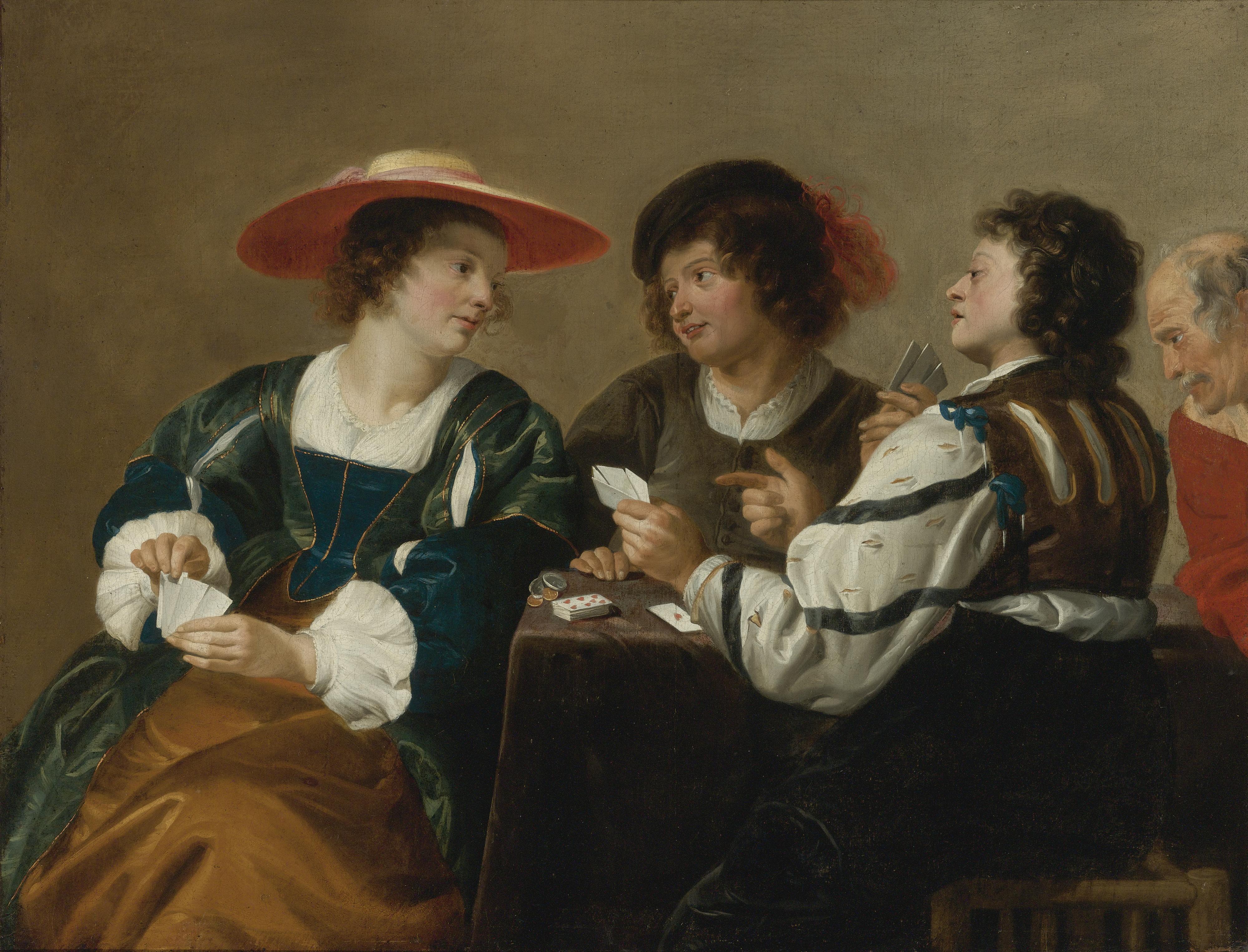Theodoor Rombouts - A Woman And Three Men Seated Around A Table Playing Cards