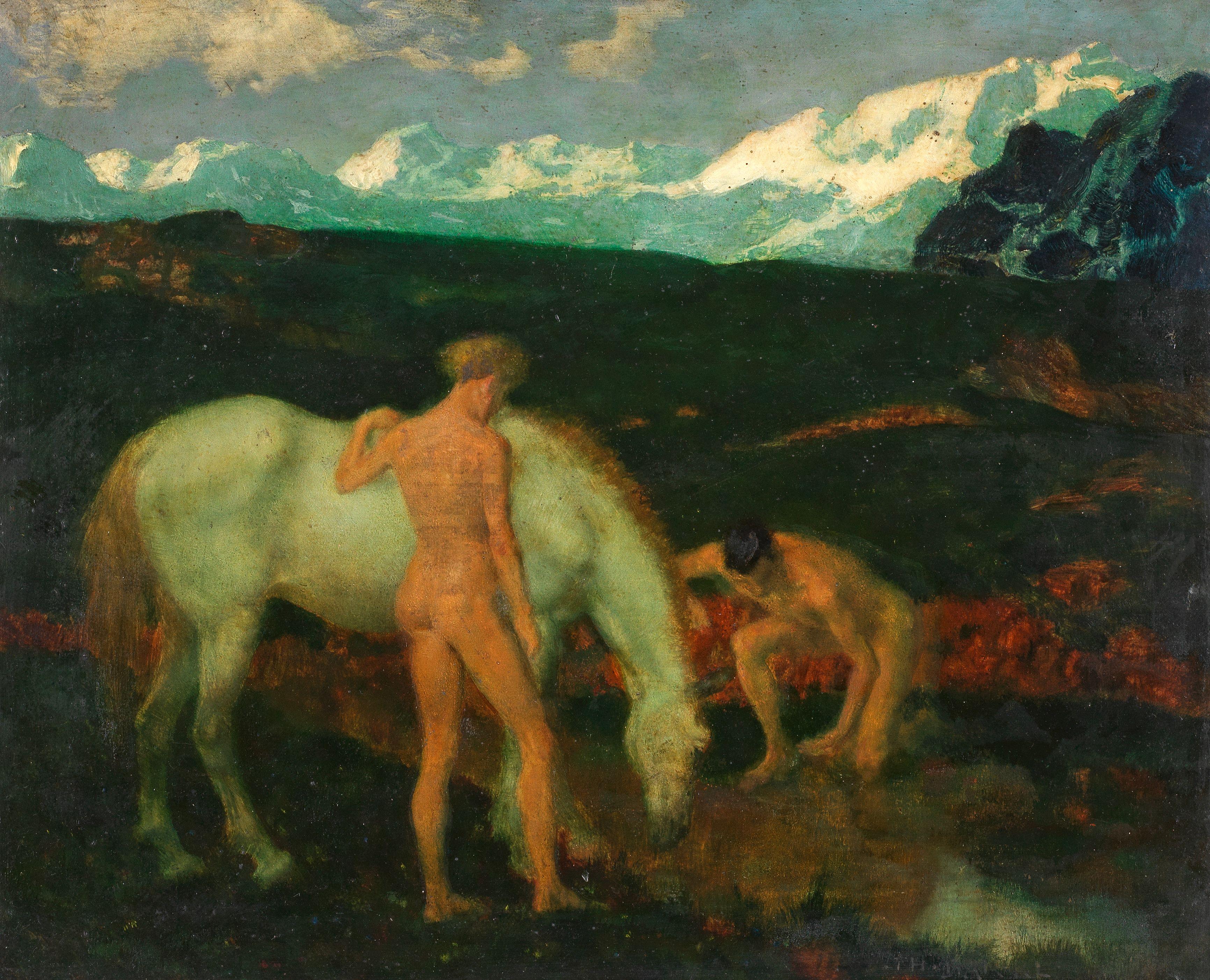 Theodor Baierl - Horse and two nudes in a mountain landscape