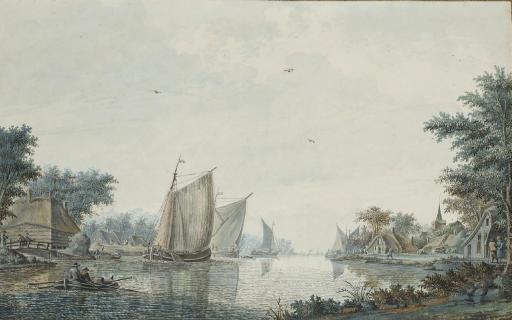 Theodor Dirk Verrijk - Des voiliers et une barque au bord d\'un rivage: vue présumée de Alphen aan den Rijn
