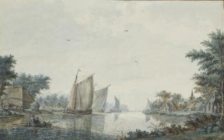Theodor Dirk Verrijk - Des voiliers et une barque au bord d\'un rivage: vue présumée de Alphen aan den Rijn