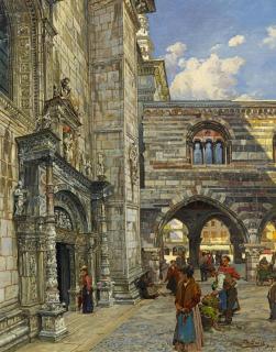 Theodor Groll - Händler vor dem Seitenportal zum Dom in Como