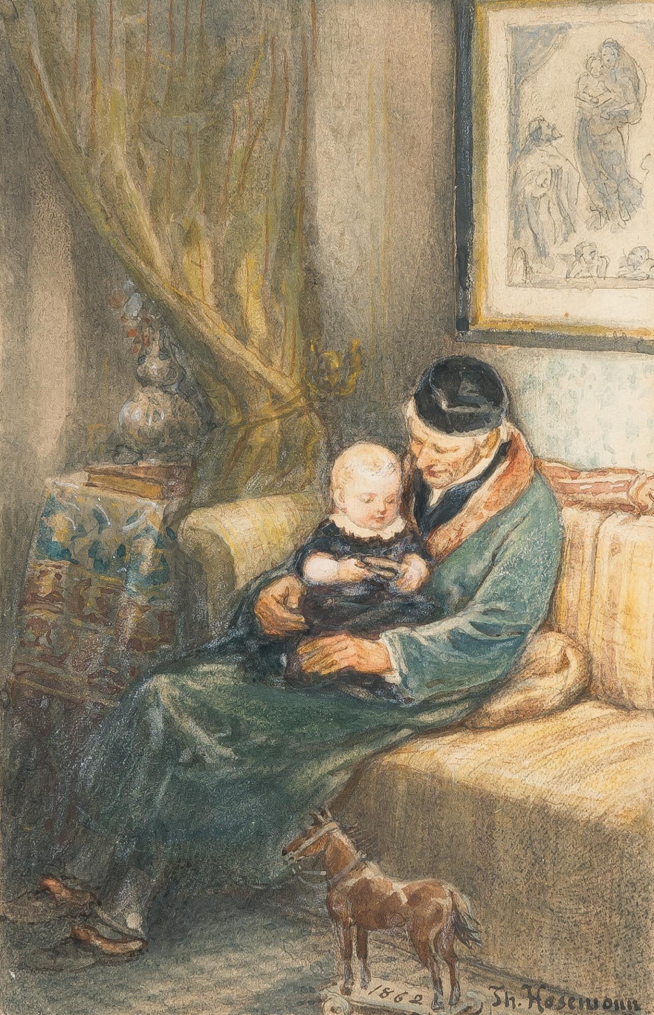 Theodor Hosemann - Der Großvater mit seinem Enkelkind auf dem Sofa