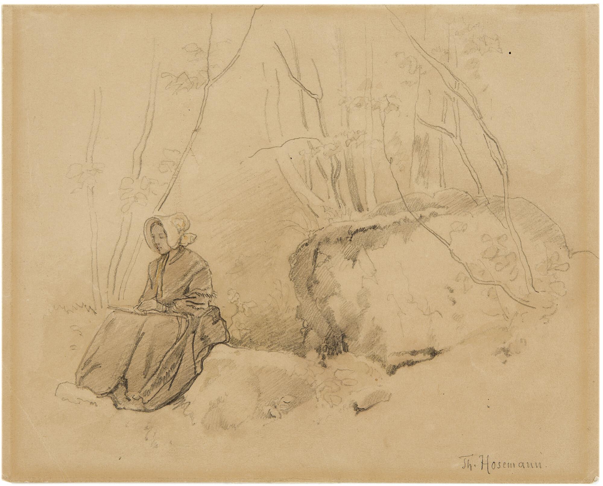 Theodor Hosemann - Waldpartie mit zeichnender Frau, auf einem Felsblock sitzend.