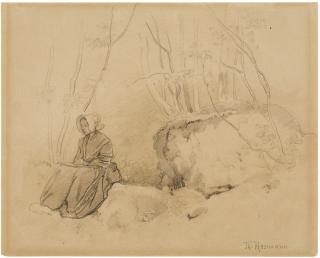 Theodor Hosemann - Waldpartie mit zeichnender Frau, auf einem Felsblock sitzend.