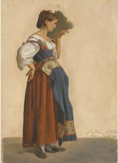 Theodor Leopold Weller - An Italian woman in local costume in profile to the right
