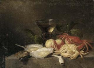 Theodor Smits - A roemer, peaches, crabs, oysters, a clay pipe and a knife on a stone shelf
