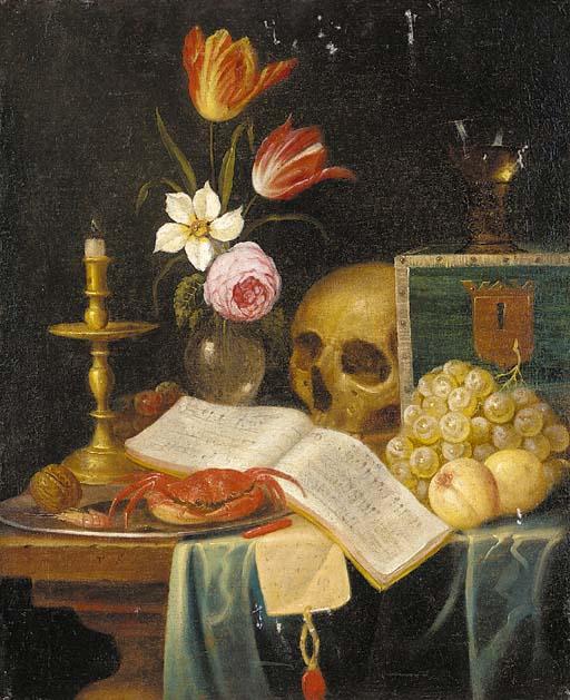 Theodor Smits - A vanitas still life of a candle, a vase of flowers, a skull, a roemer, a crab, a shrimp and a hazelnut on a platter, with an open book of music, a letter with a seal, grapes and plums on a partially draped table