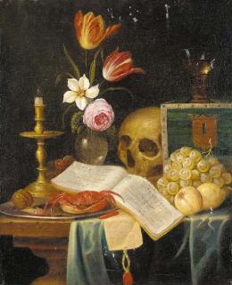 Theodor Smits - A vanitas still life of a candle, a vase of flowers, a skull, a roemer, a crab, a shrimp and a hazelnut on a platter, with an open book of music, a letter with a seal, grapes and plums on a partially draped table