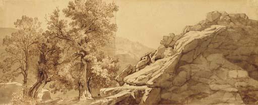 Théodore Caruelle D\'Aligny - Un paysage rocheux avec des arbres au premier plan