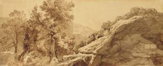 Théodore Caruelle D\'Aligny - Un paysage rocheux avec des arbres au premier plan