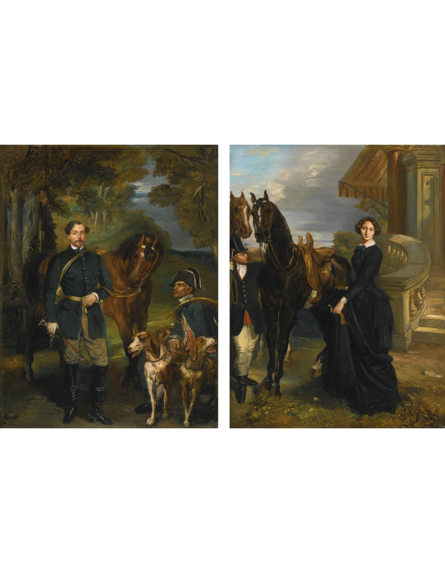 Théodore Chassériau - Dominican portrait Of Comte Oscar De Ranchicourt Leaving For The Hunt; Portrait Of Comtesse De Ranchicourt Leaving For The Hunt: A Pair