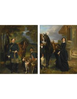 Théodore Chassériau - Dominican portrait Of Comte Oscar De Ranchicourt Leaving For The Hunt; Portrait Of Comtesse De Ranchicourt Leaving For The Hunt: A Pair