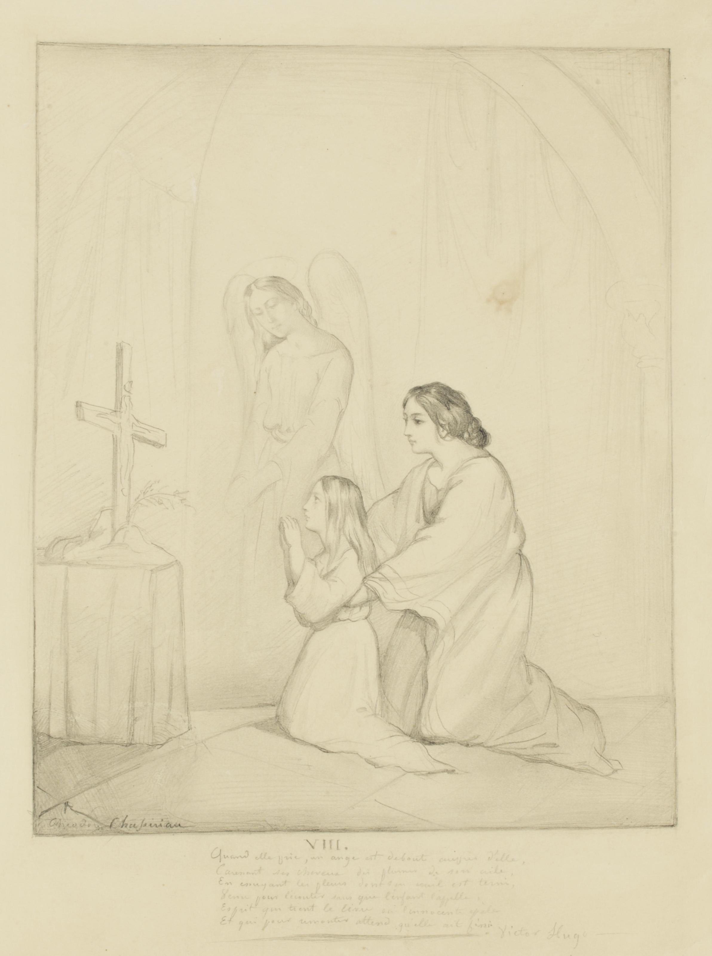 Theodore Chasseriau - Femme et fillette, accompagnées d\'un ange, en prière devant un crucifix