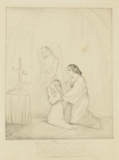 Theodore Chasseriau - Femme et fillette, accompagnées d\'un ange, en prière devant un crucifix