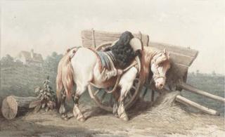 Theodore Fort - Un cheval près d\'une charrue dans un paysage avec une maison dans le fond