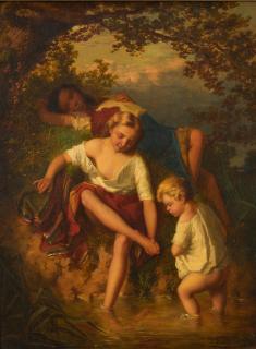 Théodore Gérard - Children Bathing in a Stream framed 58.5 x 50.5 x 7 cm (23 x 19 7/8 x 2 3/4 in).