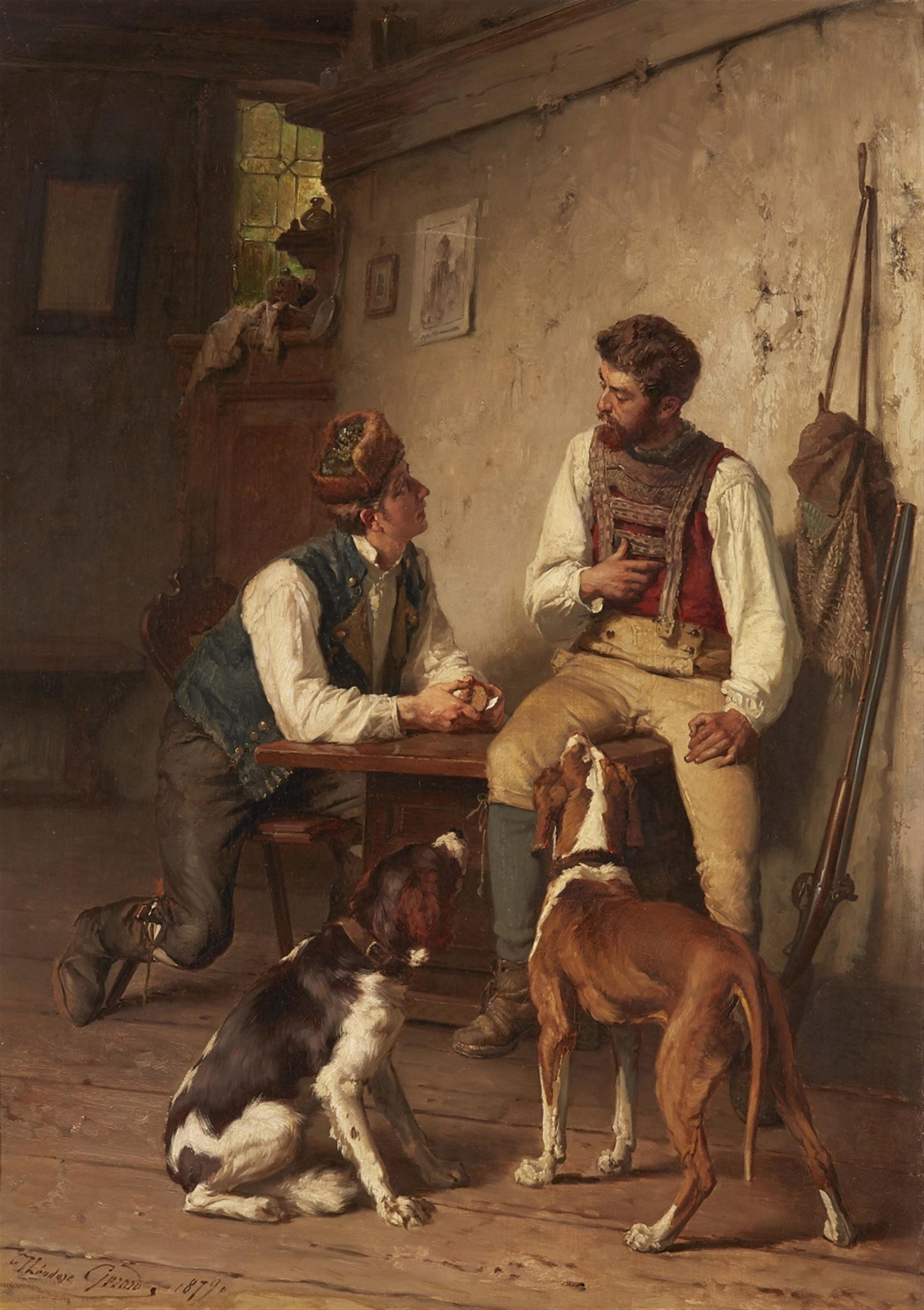 Théodore Gérard - Interieur mit zwei Männern und Hunden