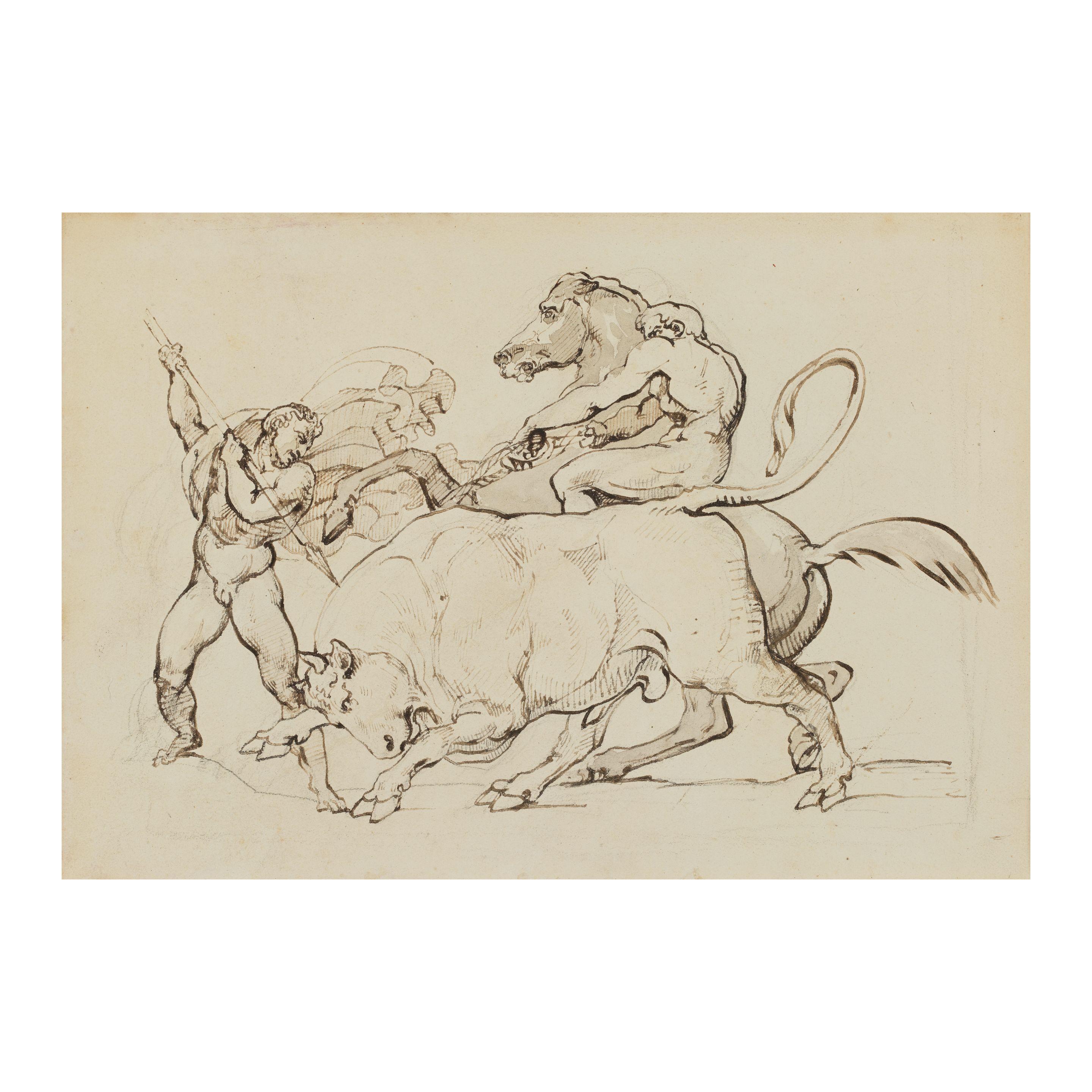 Théodore Géricault - Deux hommes nus s\'efforçant d\'arrêter un taureau