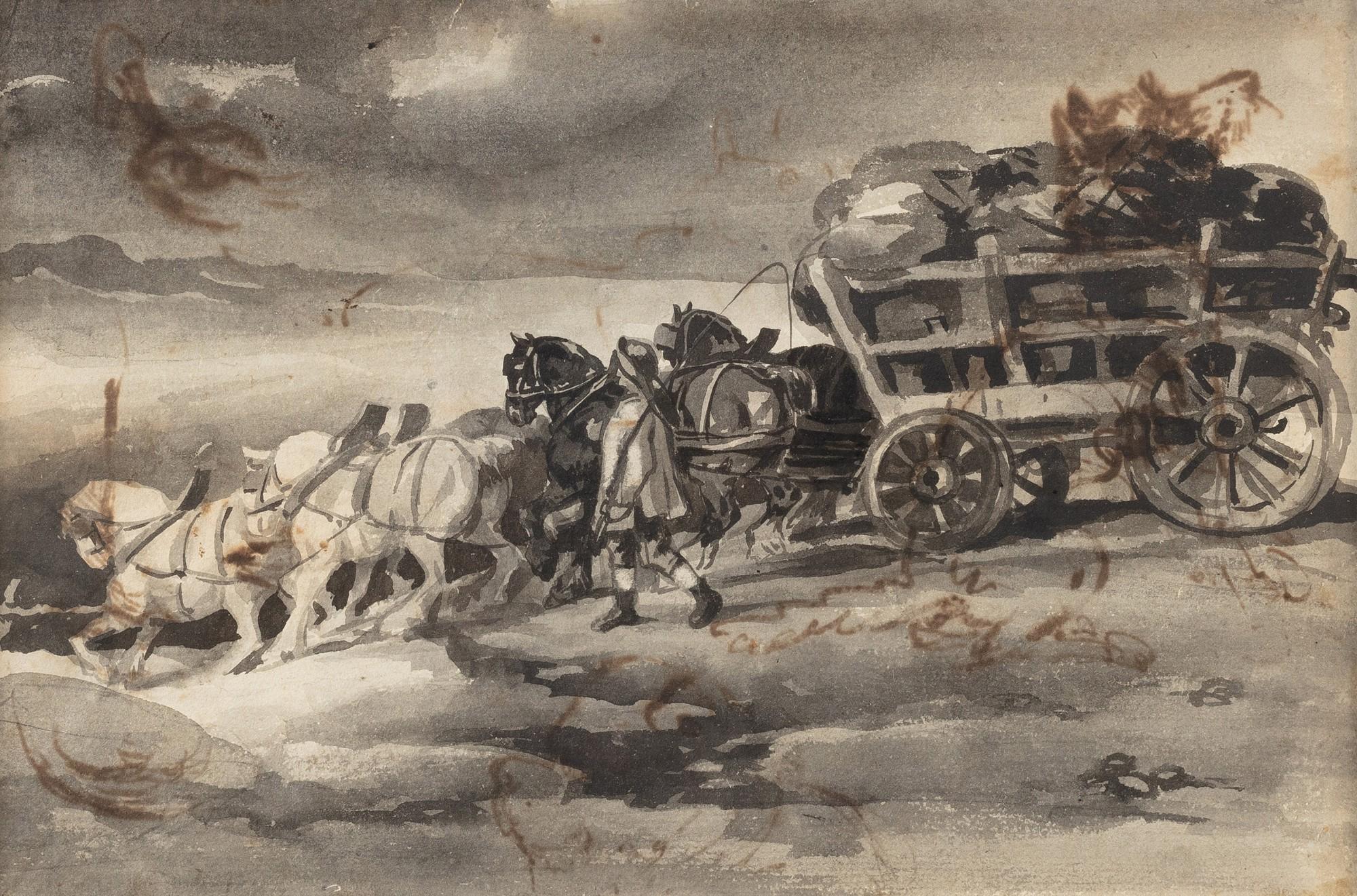 Théodore Géricault - Recto: Charrette de charbon à cinq chevaux | Verso: Etudes