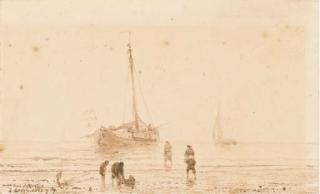 Théodore Gudin - Un paysage maritime avec des pêcheurs sur la grève, des bateaux au fond