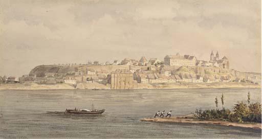 Théodore Jung - View of Brissac with figures on the embankment pulling a boat along the River Loire